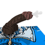 A 3D pop-up card featuring a humorous, stylized depiction of an exaggerated object resembling a sausage or cartoonish figure, emerging from a blue background with illustrated fabric details