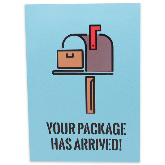 A greeting card features a minimalist illustration of a mailbox with its red flag up, a small brown package inside, and the text YOUR PACKAGE HAS ARRIVED! in bold black letters below, all set against a light blue background.