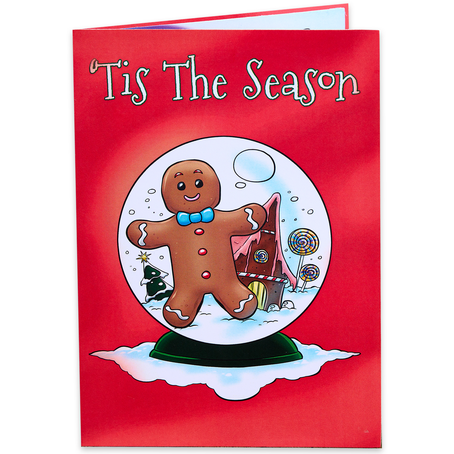 funny christmas greeting card of gingerbread man in a snowglobe, tis the season