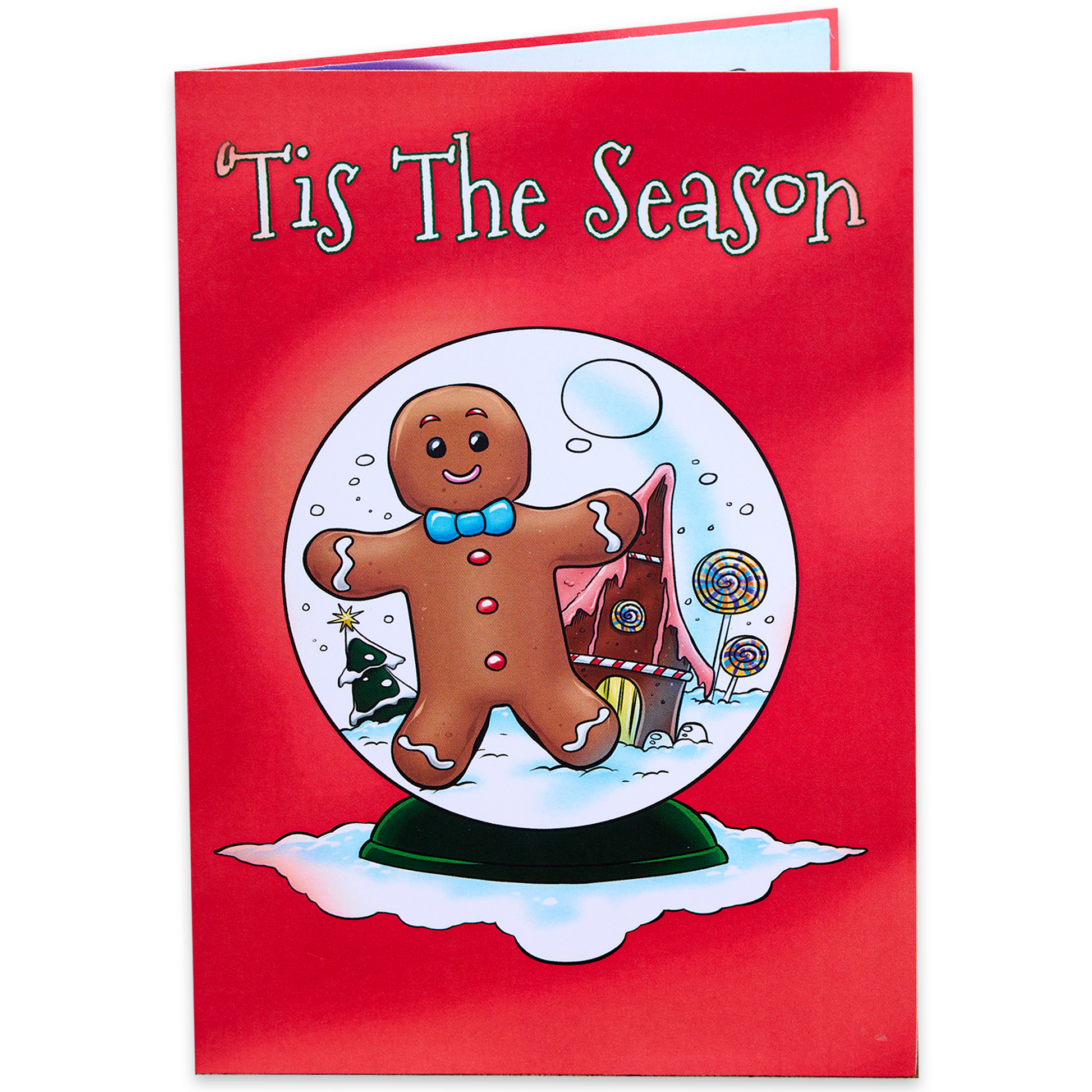 funny christmas greeting card of gingerbread man in a snowglobe, tis the season