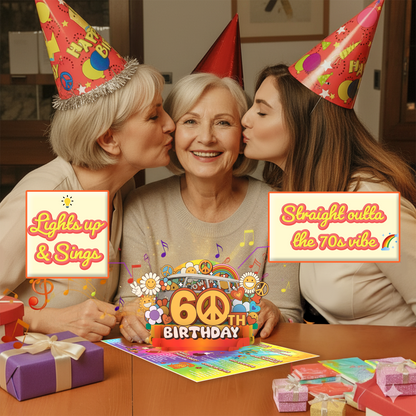 Three women celebrating a 60th birthday with party hats and a decorated card.