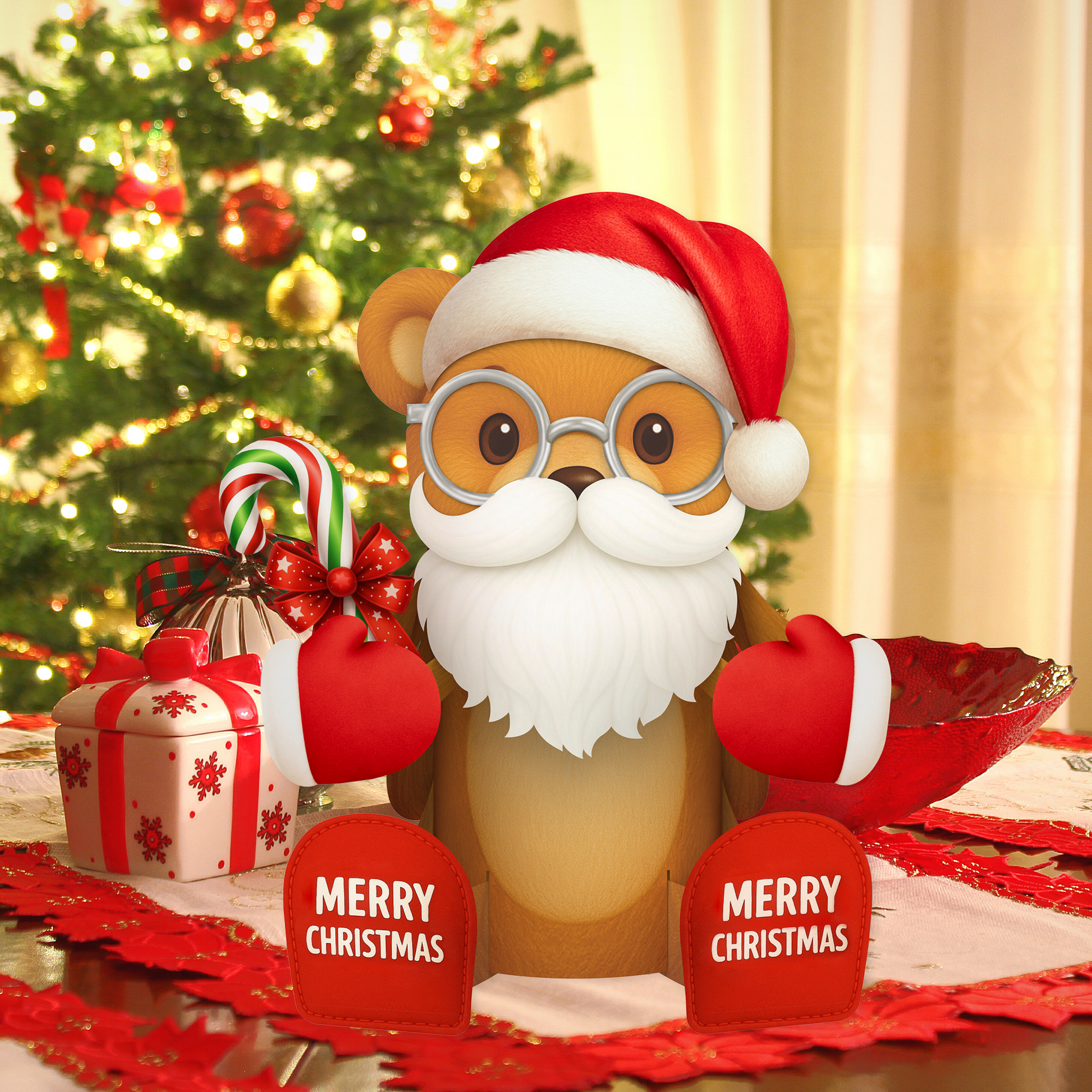 Animated bear character wearing a Santa hat with Christmas decorations in the background
