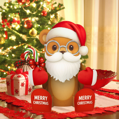 Animated bear character wearing a Santa hat with Christmas decorations in the background