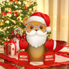 Animated bear character wearing a Santa hat with Christmas decorations in the background