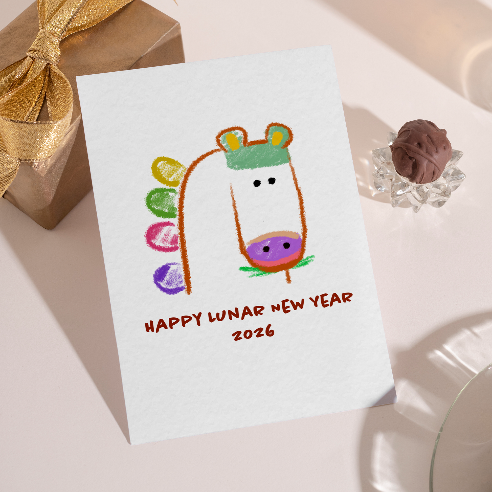 Minimalist Lunar New Year card featuring a unicorn drawn in crayon-style lines and soft colors. The illustration conveys luck, positivity, and a joyful start to 2026.