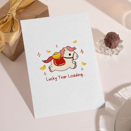 Adorable New Year greeting card showing a smiling horse surrounded by floating golden ingots. The clean design and fun message symbolize fortune and happiness on the way.