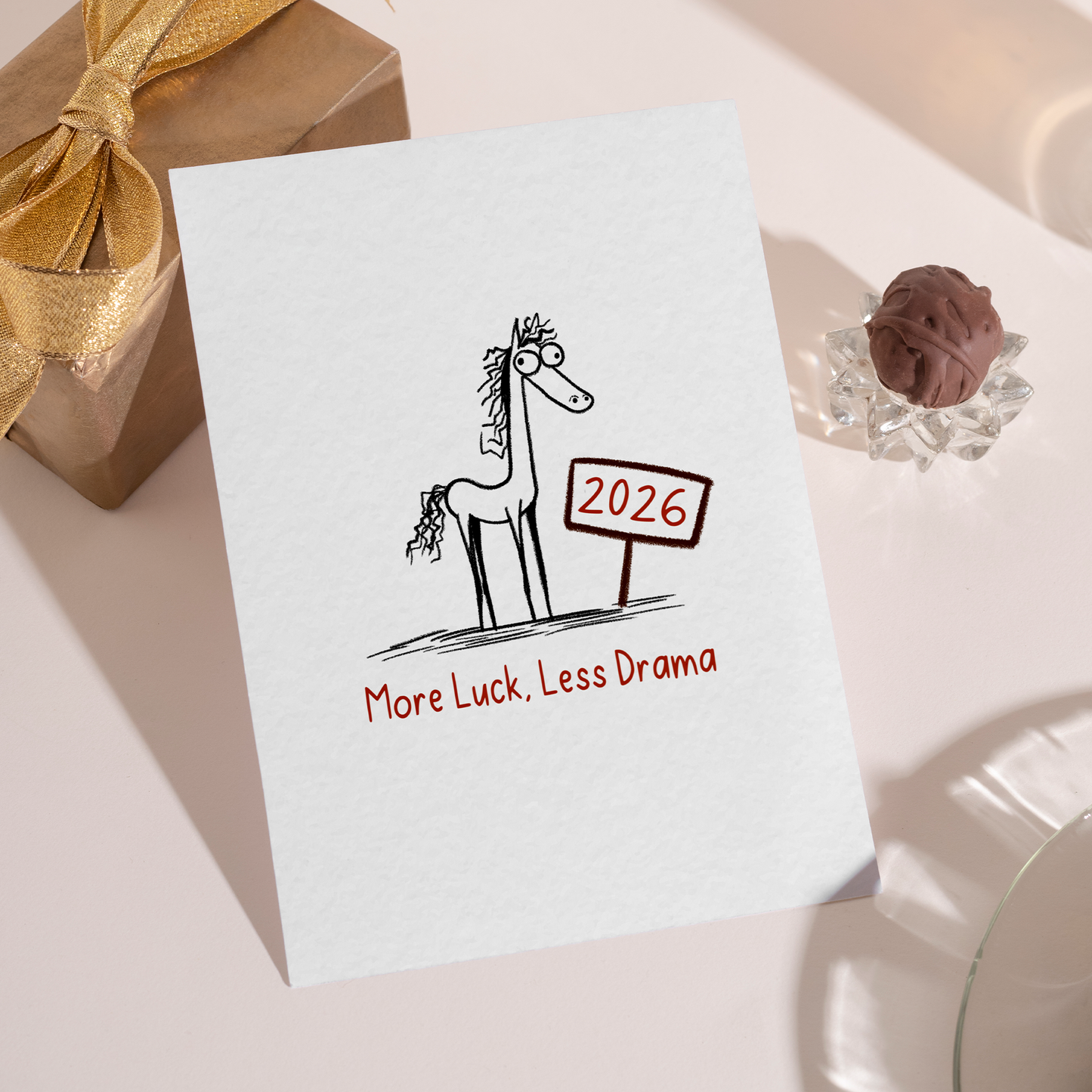 Whimsical Lunar New Year card featuring a quirky horse illustration paired with the message More Luck, Less Drama. The simple black-and-white style keeps the focus on humor and optimism.