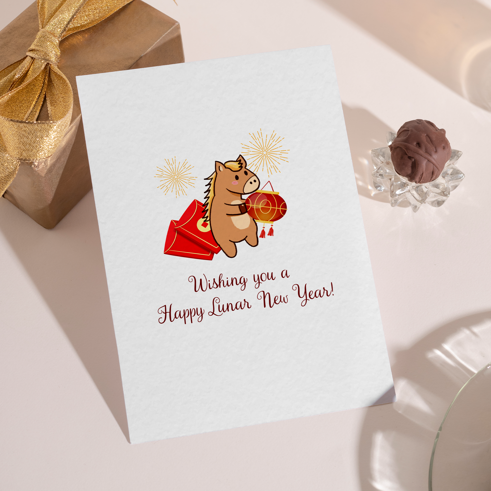 Adorable illustration of a friendly horse celebrating Lunar New Year with a red lantern. The clean white background highlights symbols of luck, prosperity, and happiness.