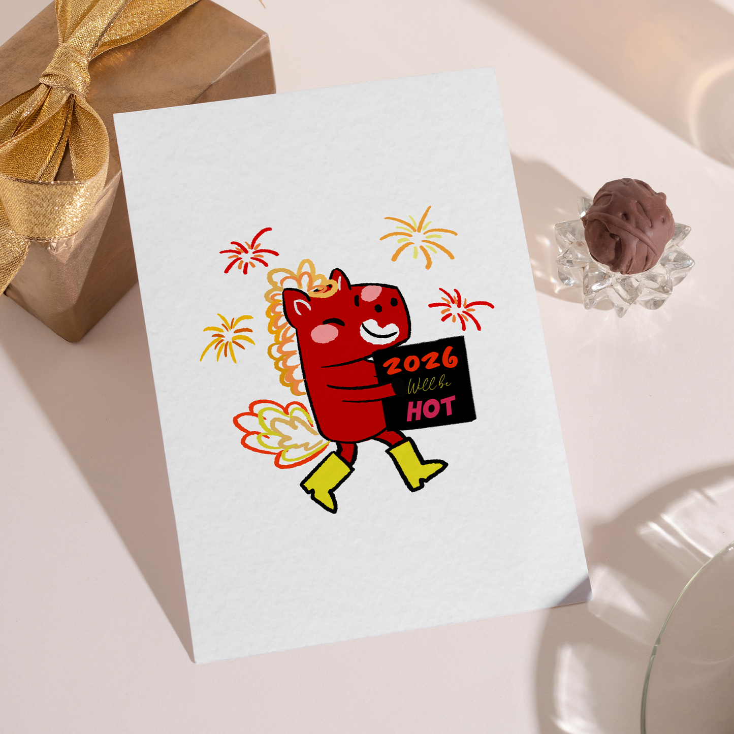 Cute cartoon horse with bright colors celebrating Lunar New Year 2026. The crayon-textured artwork feels cheerful, modern, and slightly sassy.
