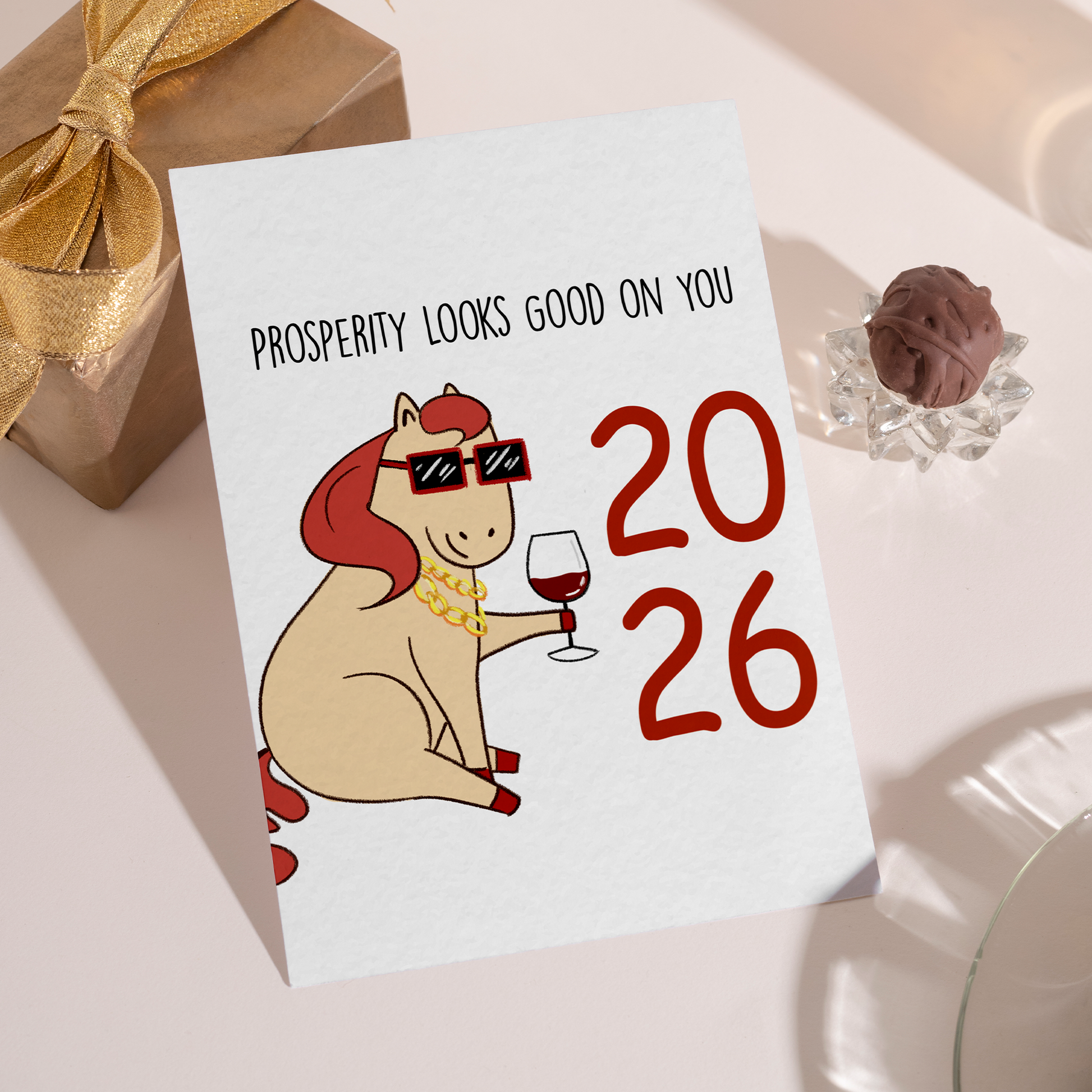 Playful New Year greeting card showing a stylish horse with luxury accessories and a wine glass. The illustration humorously symbolizes wealth, success, and prosperity in 2026.