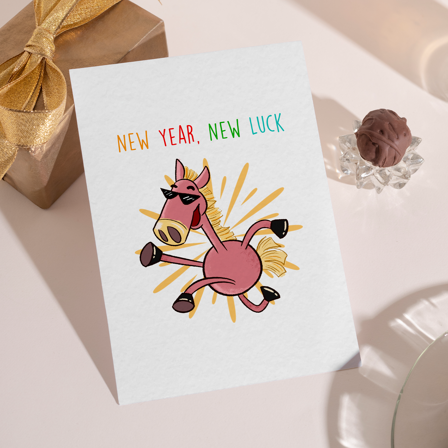 Cute cartoon horse character jumping with joy on a white background for Lunar New Year. The artwork conveys good luck, celebration, and positive energy for the year ahead.