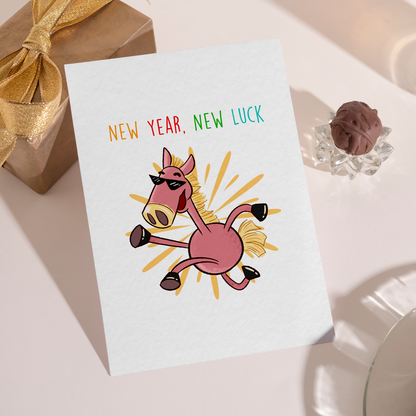 Cute cartoon horse character jumping with joy on a white background for Lunar New Year. The artwork conveys good luck, celebration, and positive energy for the year ahead.