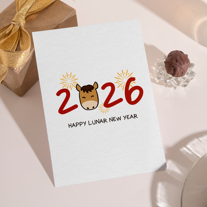 Cute Lunar New Year card featuring a smiling horse illustration placed between bold red 2026 numbers. The simple white background and fireworks create a clean and modern holiday design.
