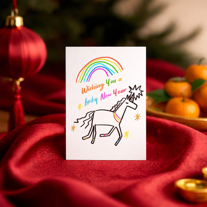 Whimsical New Year card showing a unicorn under a rainbow with the text “Wishing You a Lucky New Year.” The childlike drawing style creates a fun and magical feeling.