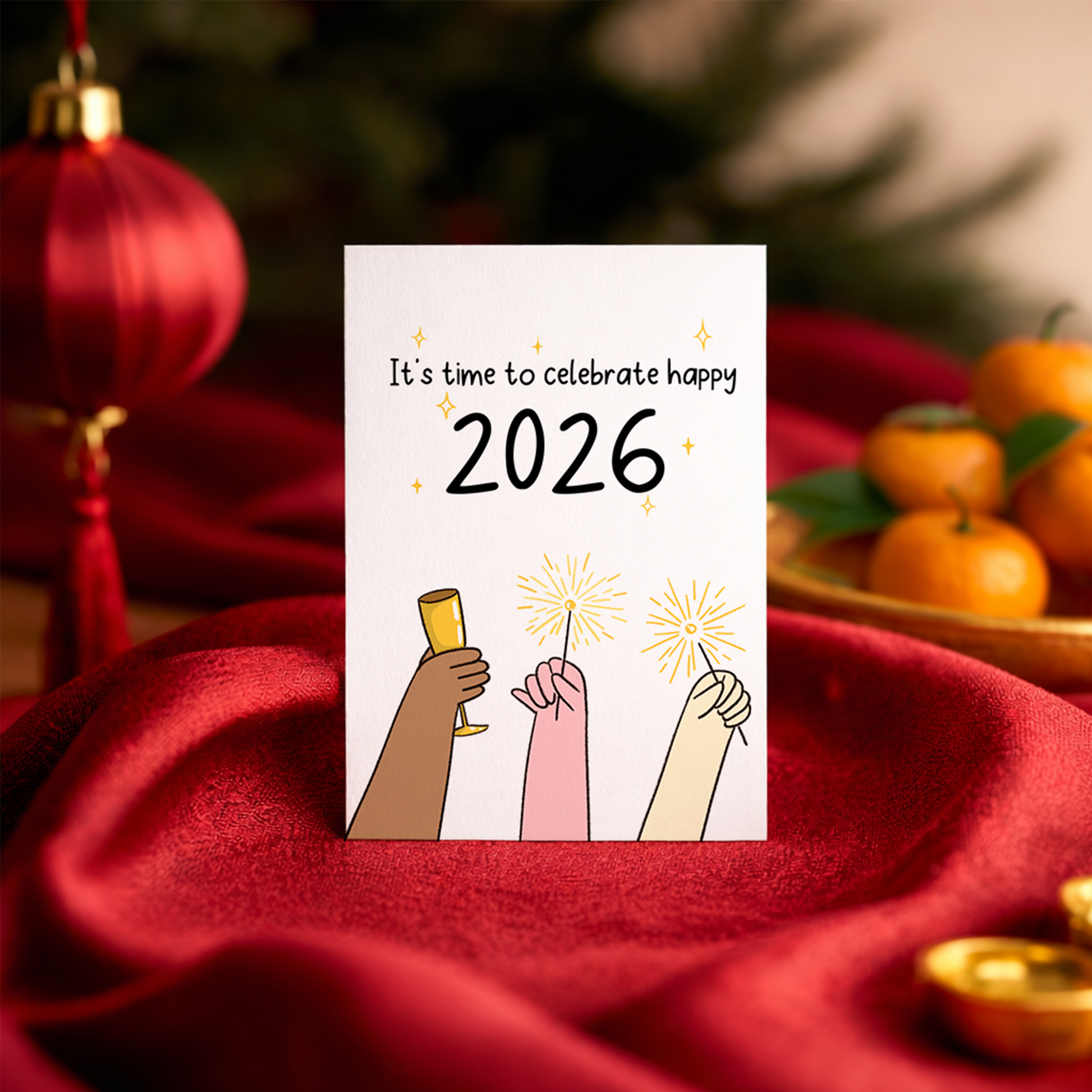 Minimalist Lunar New Year card with hands raised holding sparklers and a drink in celebration. The artwork symbolizes togetherness, optimism, and a happy start to the year.