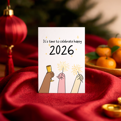 Minimalist Lunar New Year card with hands raised holding sparklers and a drink in celebration. The artwork symbolizes togetherness, optimism, and a happy start to the year.