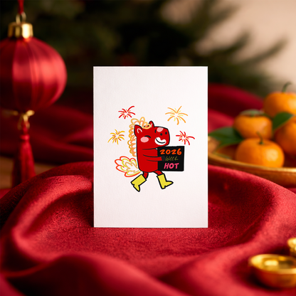 Cute cartoon horse with bright colors celebrating Lunar New Year 2026. The crayon-textured artwork feels cheerful, modern, and slightly sassy.