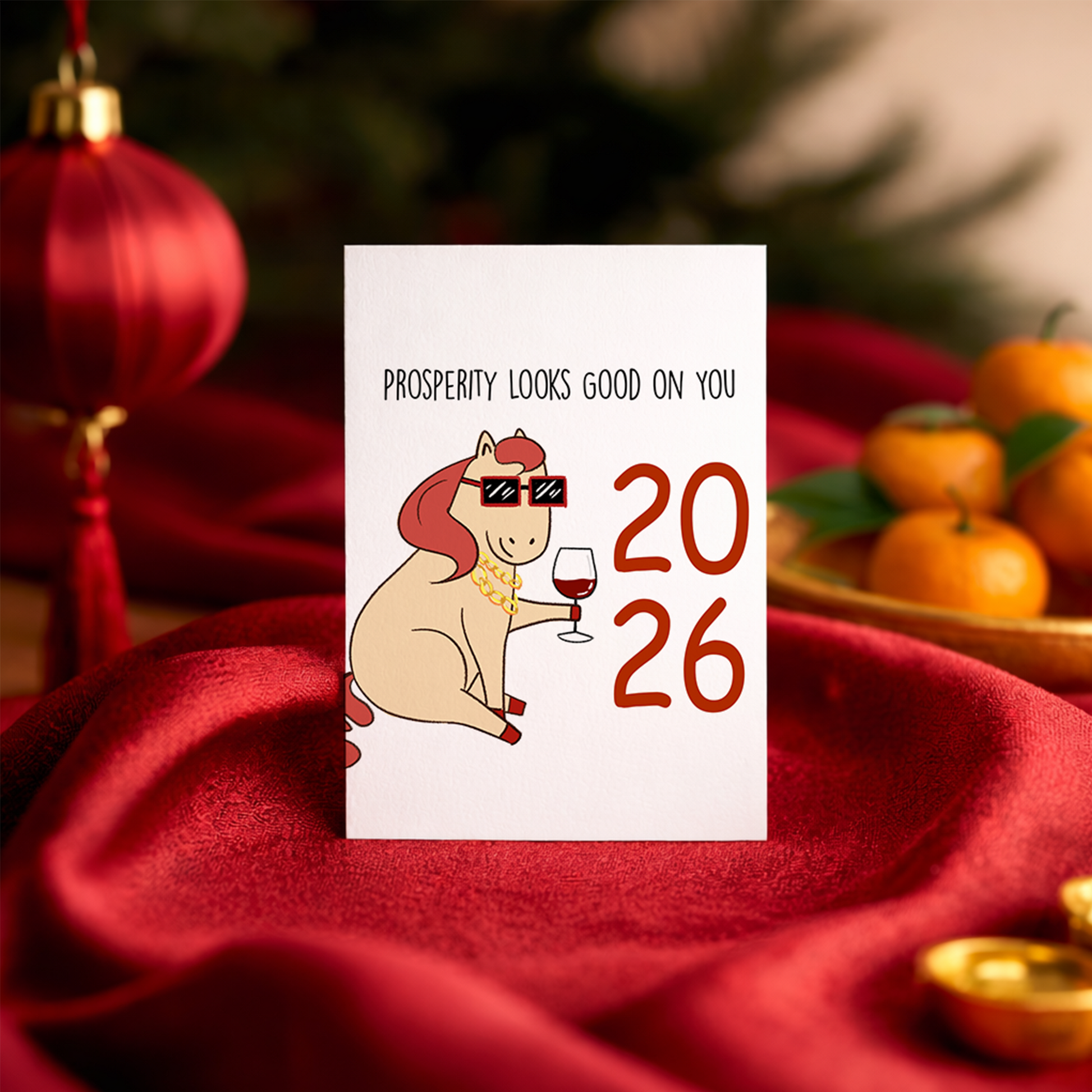 Quirky Lunar New Year card with a fashionable horse character dressed in sunglasses and gold jewelry. The design delivers a confident message about prosperity and abundance.