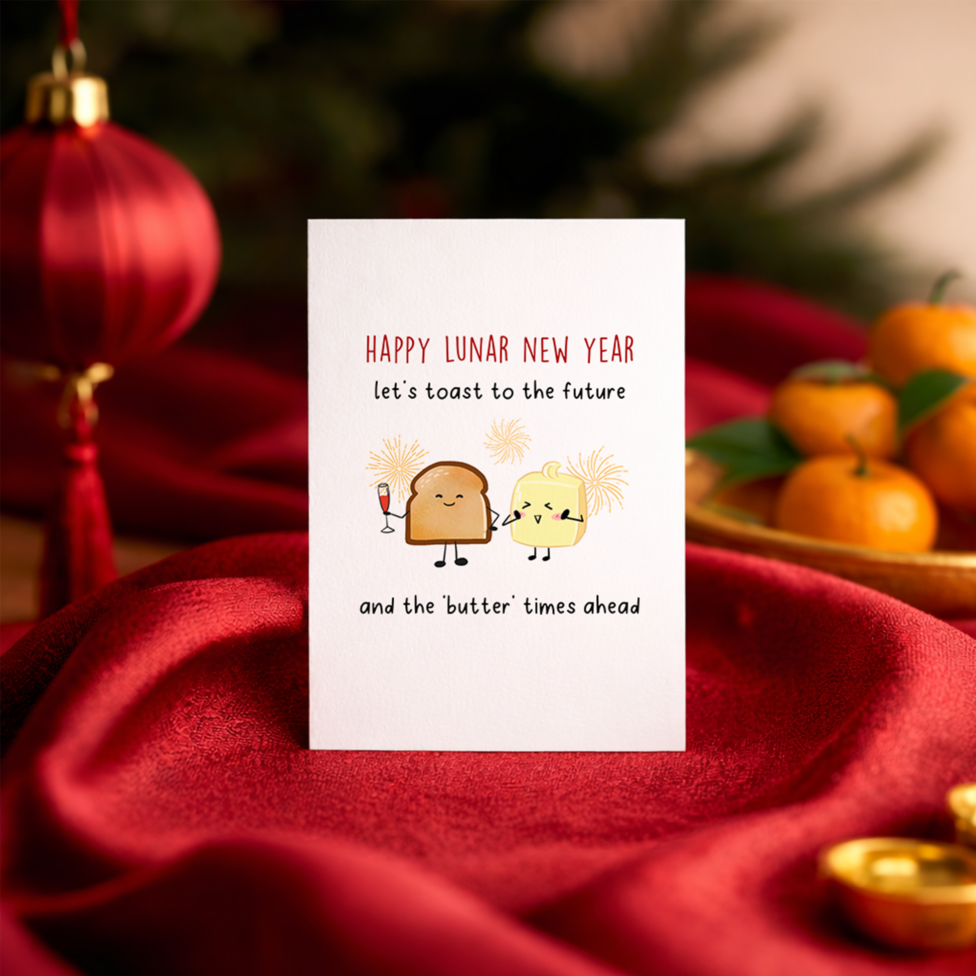 Whimsical Lunar New Year card showing toast and butter clinking drinks under festive fireworks. The friendly food characters convey joy, optimism, and togetherness.