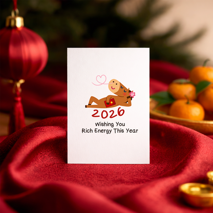 Whimsical New Year illustration of a zodiac-style character relaxing with a lucky red envelope and heart-shaped detail. The artwork represents calm confidence, prosperity, and good fortune for 2026.