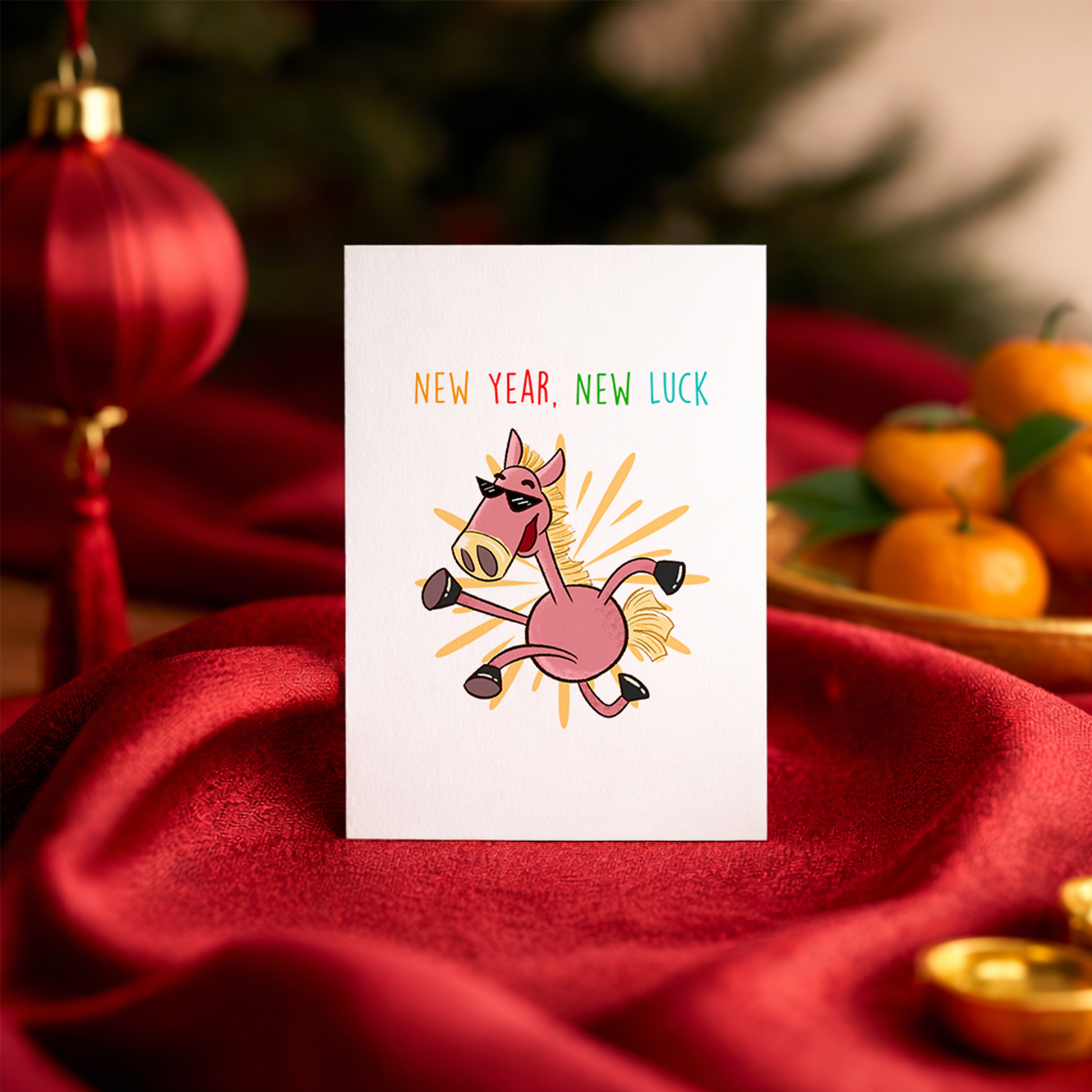 Illustration of a happy horse celebrating the Lunar New Year with the phrase “New Year, New Luck” above. The energetic design represents optimism, confidence, and fresh beginnings.