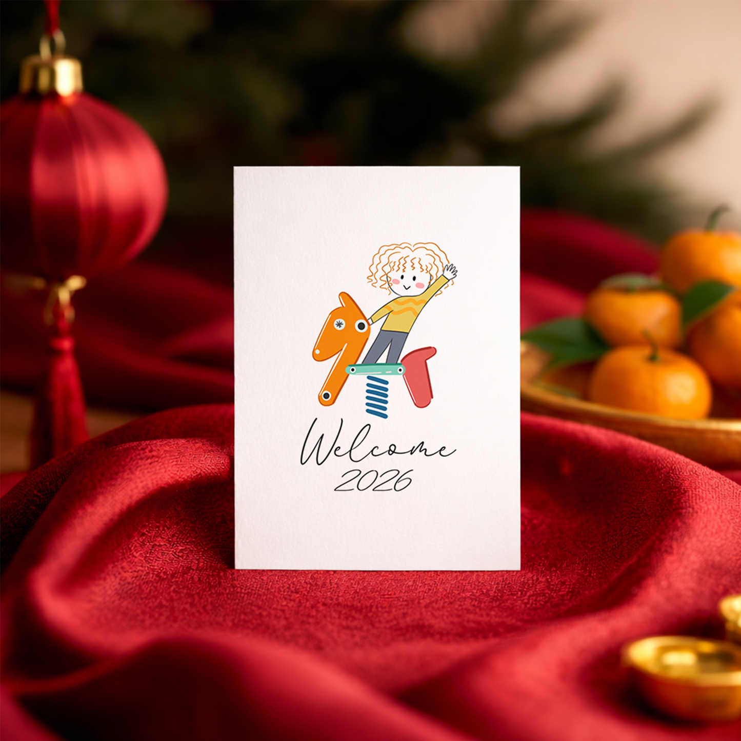 Whimsical 2026 greeting card featuring a cartoon child and a spring-mounted horse toy. The friendly illustration conveys happiness, movement, and fresh energy for the new year.