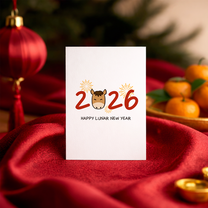 Festive New Year illustration with red 2026 typography and a cartoon zodiac horse icon. Fireworks surrounding the numbers symbolize celebration, luck, and fresh beginnings.