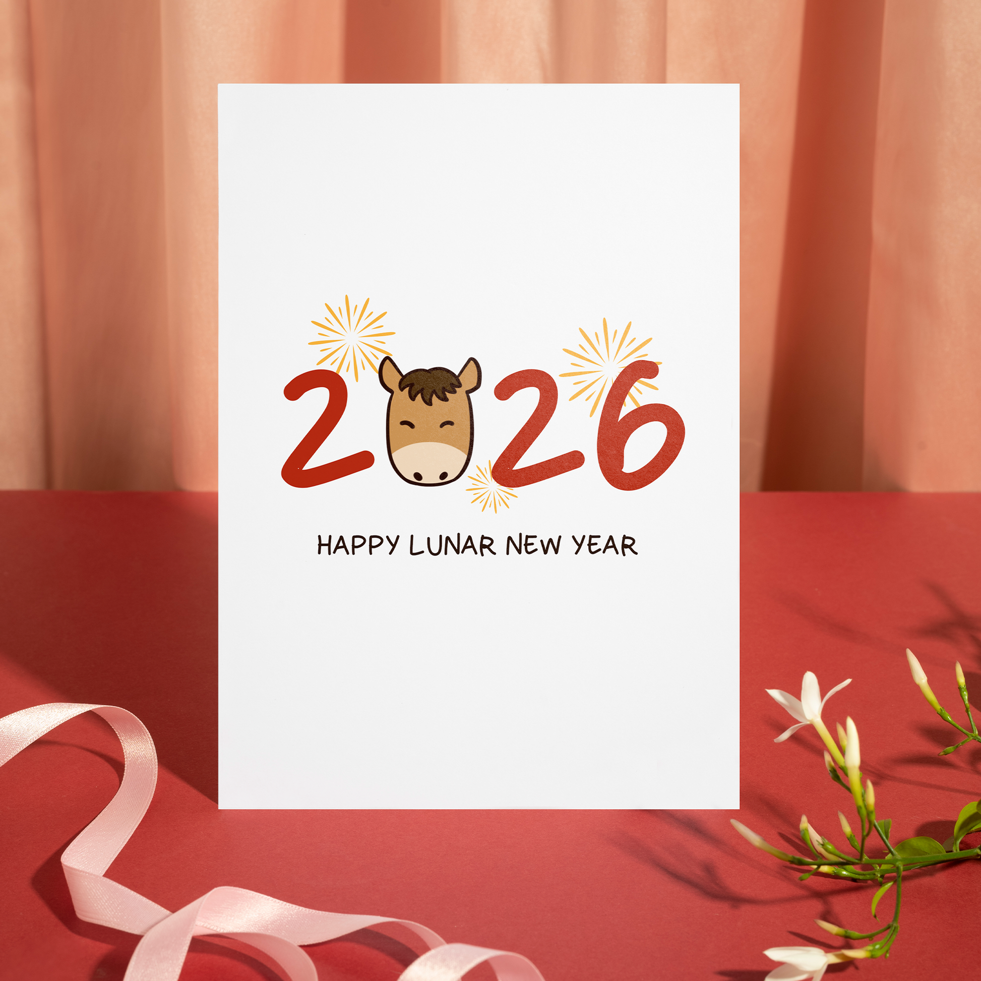 Minimal Lunar New Year card showing a friendly horse character combined with bright red 2026 lettering. The playful design conveys happiness, good fortune, and optimism for the year ahead.