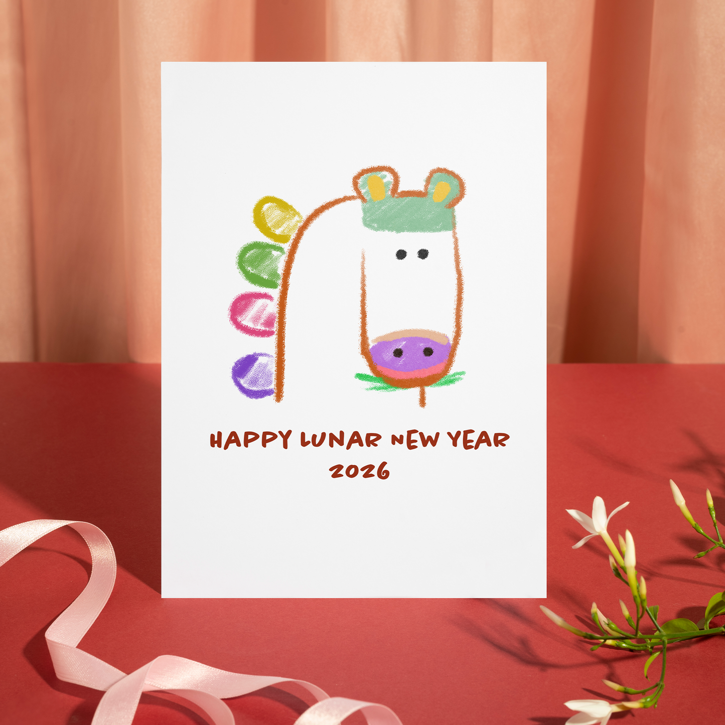 Adorable unicorn artwork with rainbow accents and a handwritten Lunar New Year message. The design feels light, happy, and perfect for sharing good wishes.