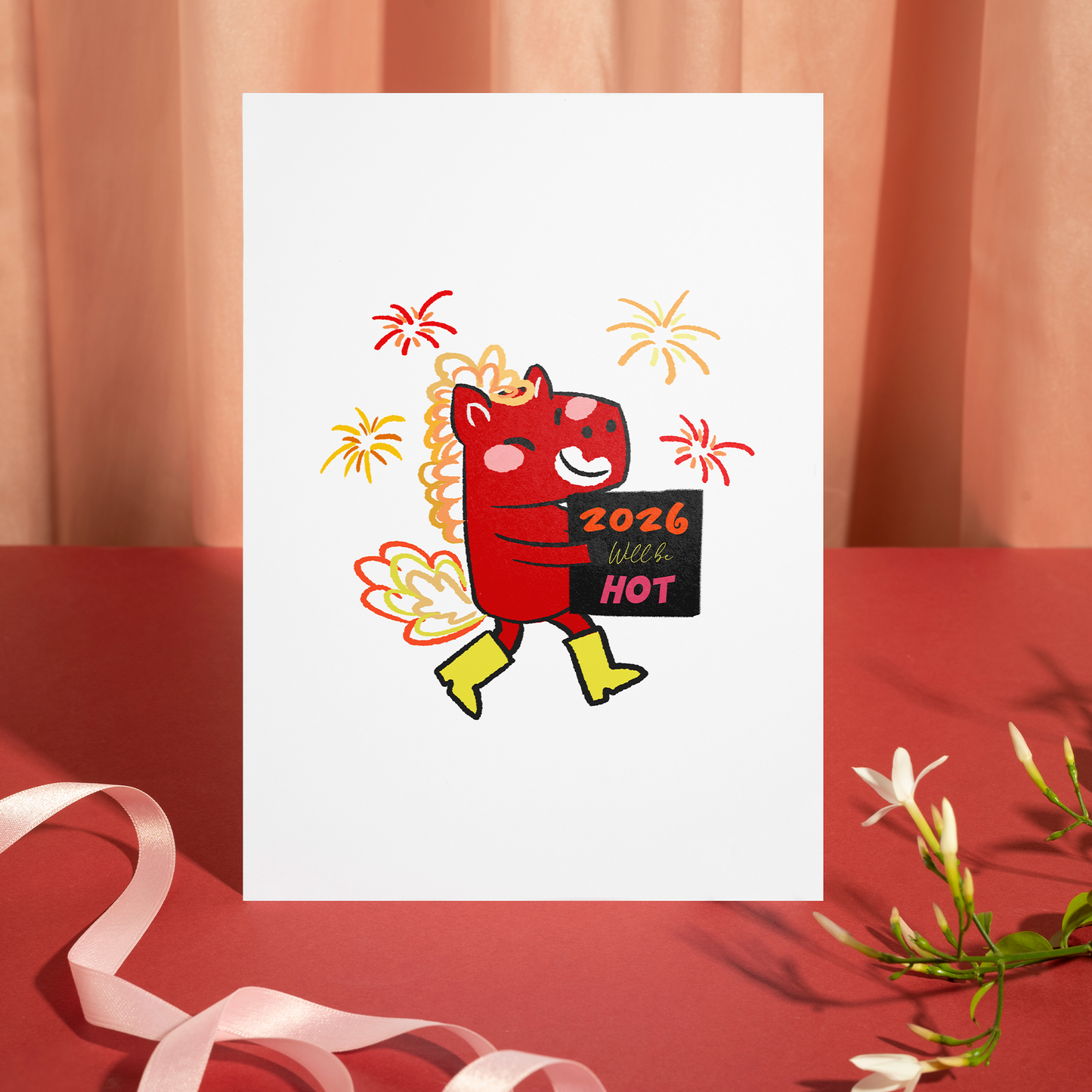 Festive Lunar New Year card featuring a red horse character and colorful fireworks. The design conveys excitement, luck, and a hot start to 2026.