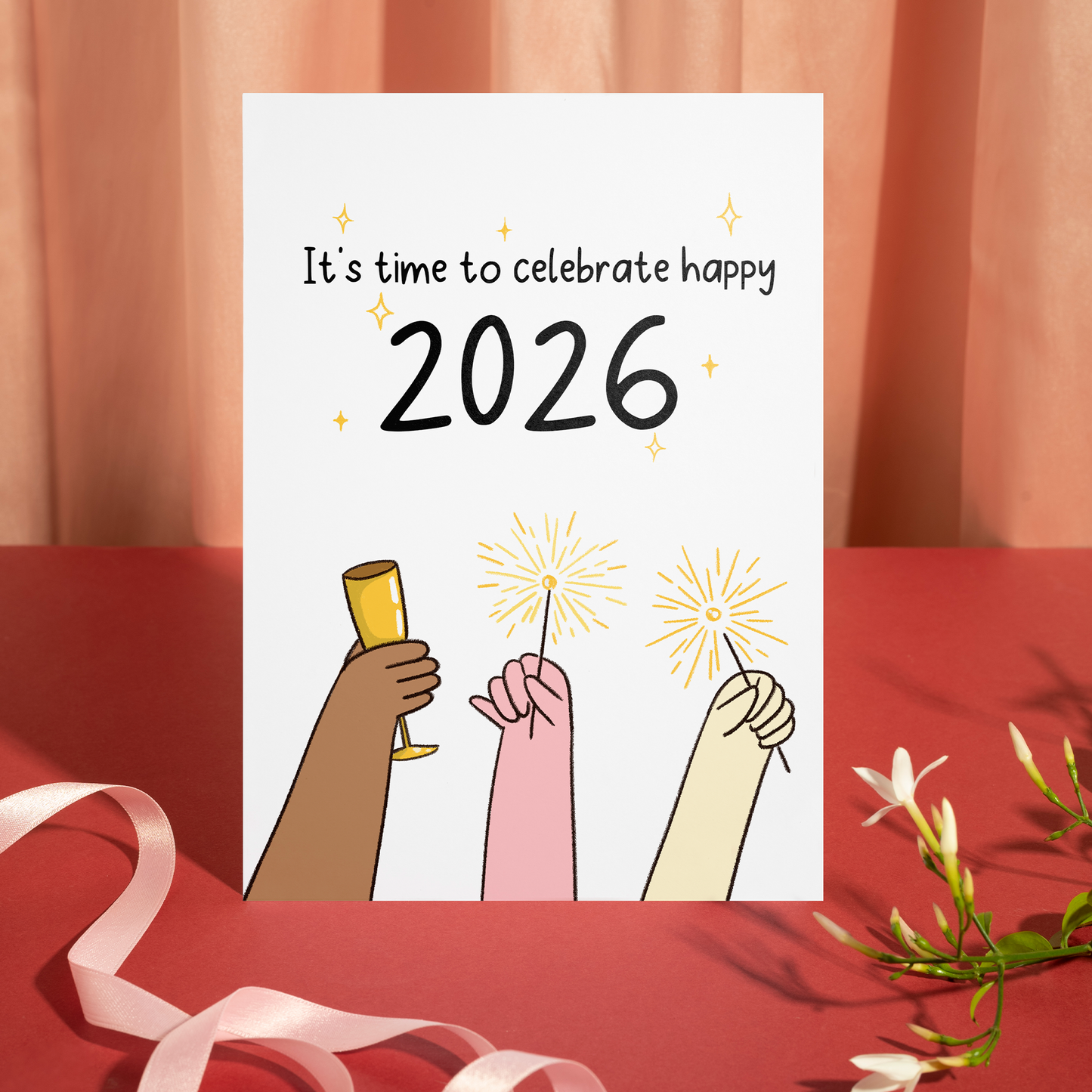 Cheerful 2026 greeting card showing hands celebrating with bright sparklers. The illustration expresses joy, connection, and welcoming the Lunar New Year with positive energy.