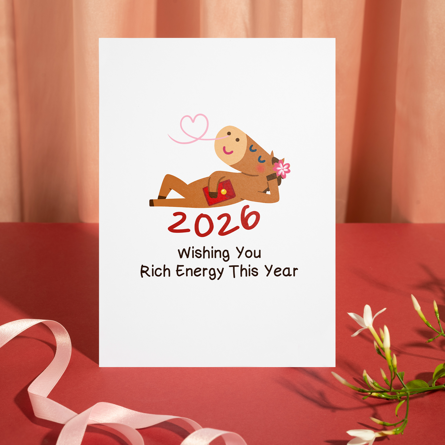 Modern Lunar New Year greeting card with a cartoon zodiac character lying comfortably and holding a red envelope. The soft colors and playful style express wealth, luck, and relaxed success vibes.