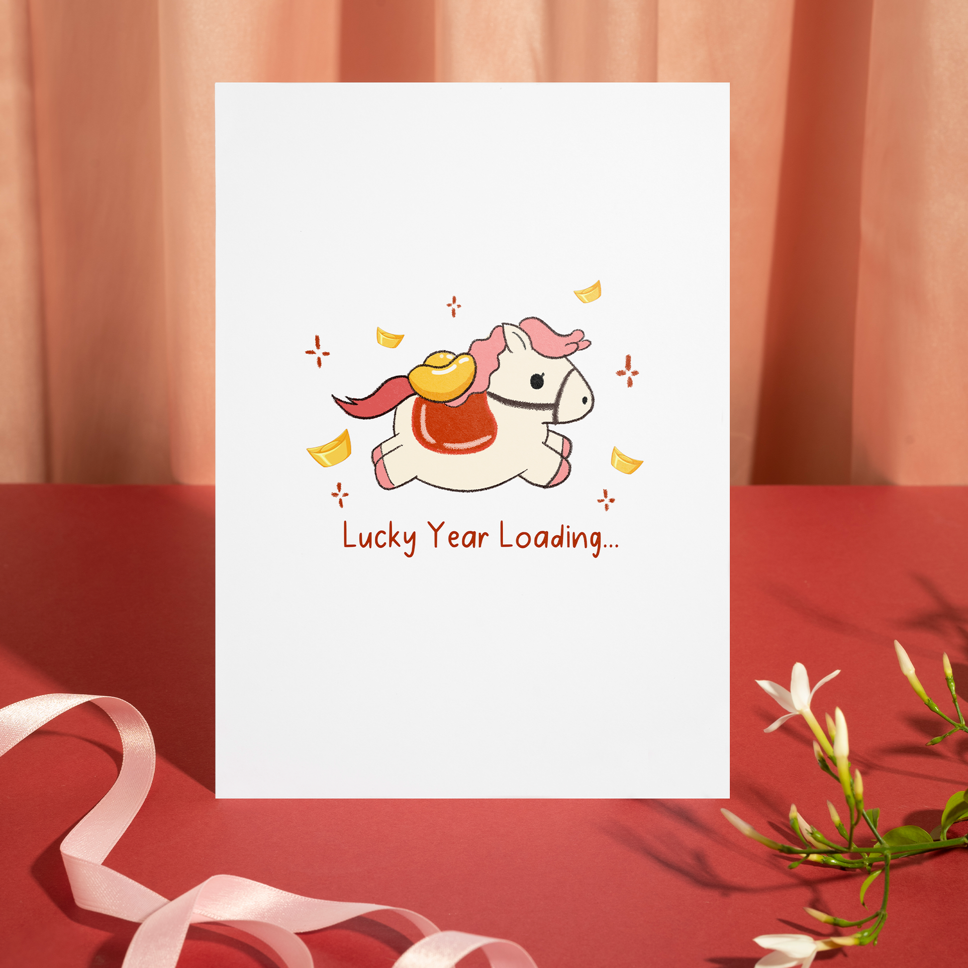 Charming Lunar New Year illustration of a cute horse carrying symbols of wealth and good fortune. The design delivers a lighthearted and optimistic message for the year ahead.