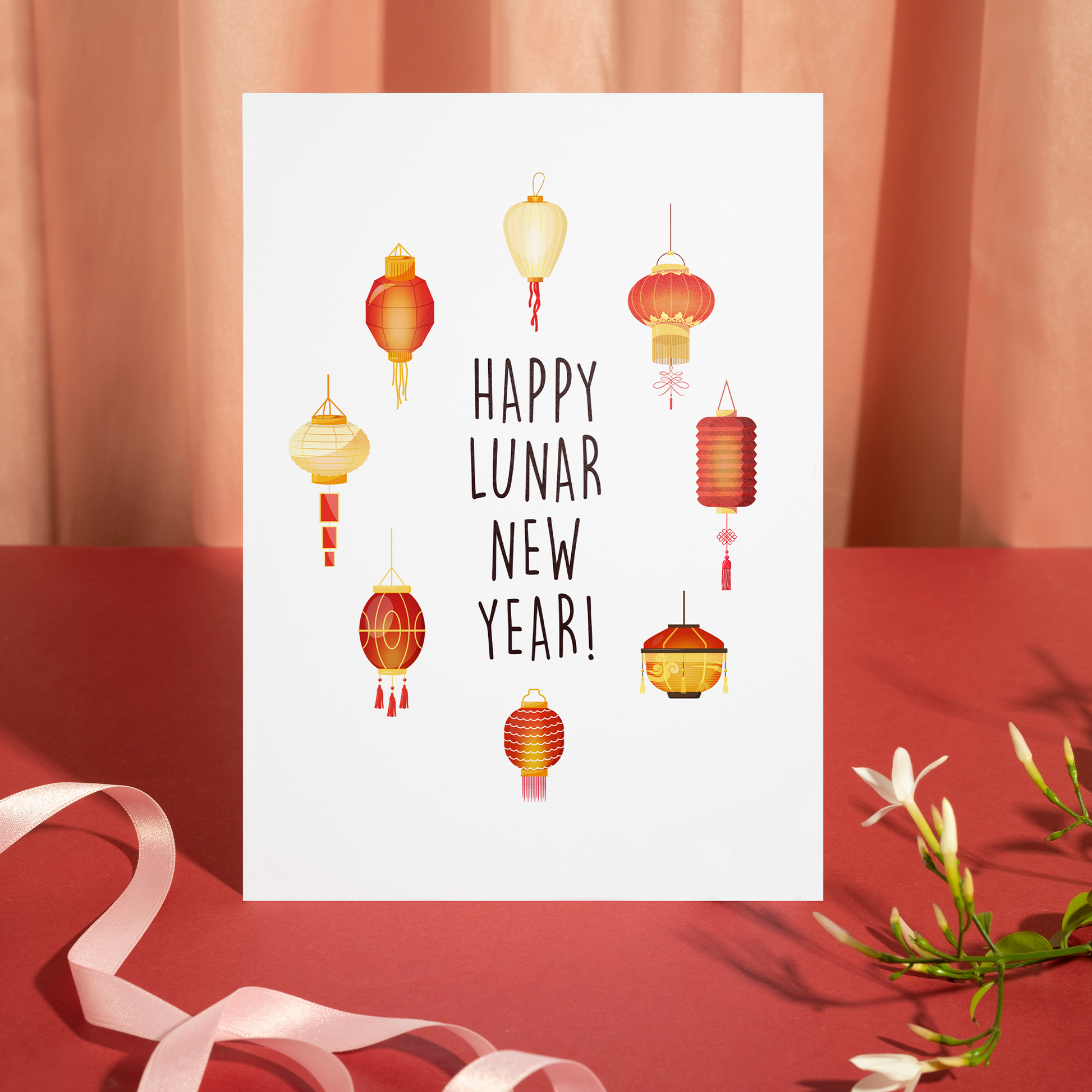 Minimal Lunar New Year illustration showcasing classic lantern decorations in red and gold tones. The overall mood is peaceful, joyful, and timeless.