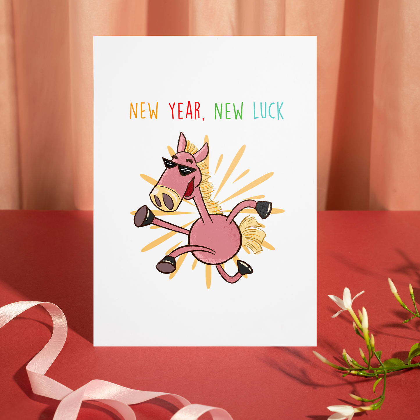 Festive Lunar New Year card featuring a smiling pink horse in motion with bold colorful text. The overall mood feels cheerful, lucky, and full of forward momentum