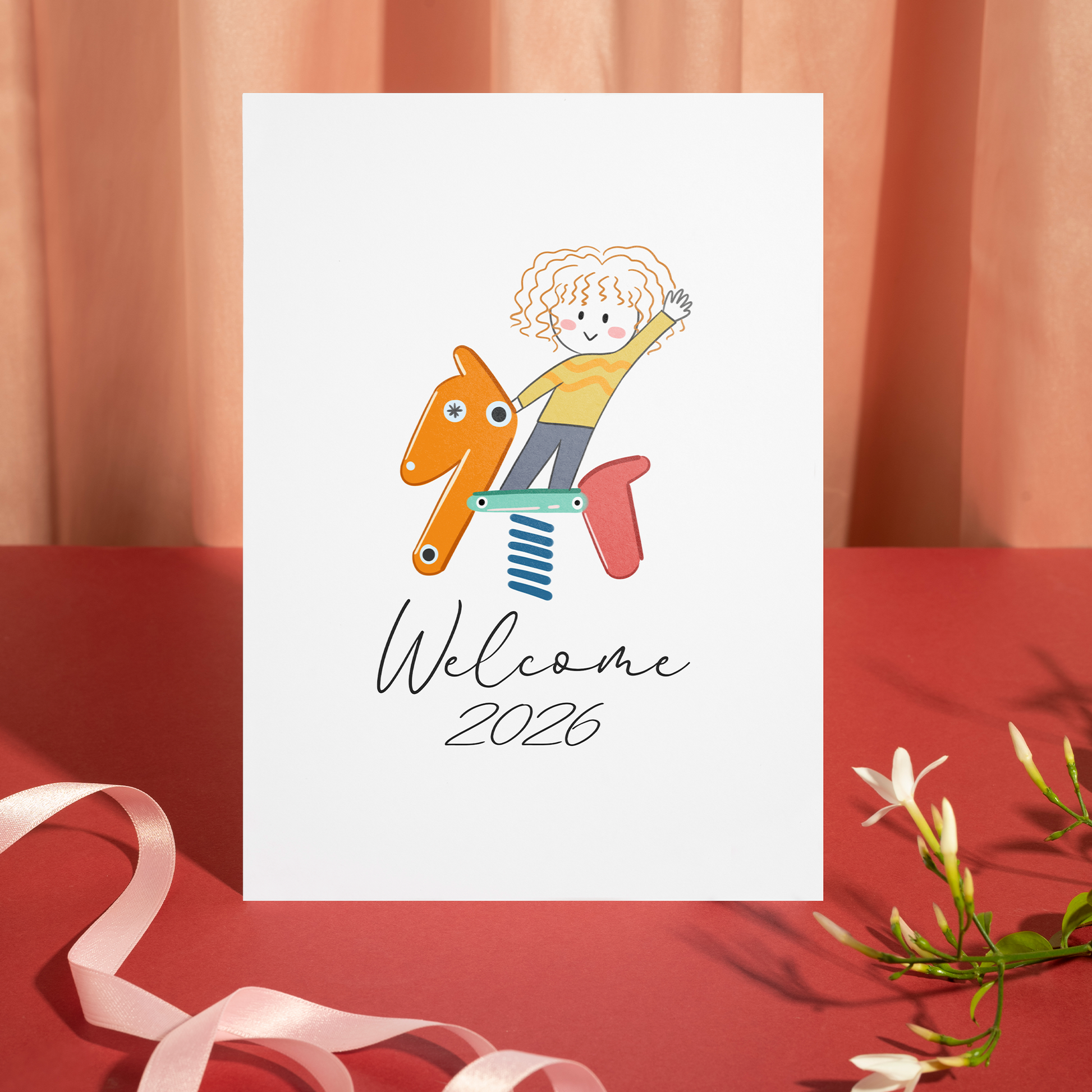 New Year card with a playful child riding a colorful spring horse shaped as 2026. The simple style and cheerful expression symbolize fun, hope, and a positive year ahead.