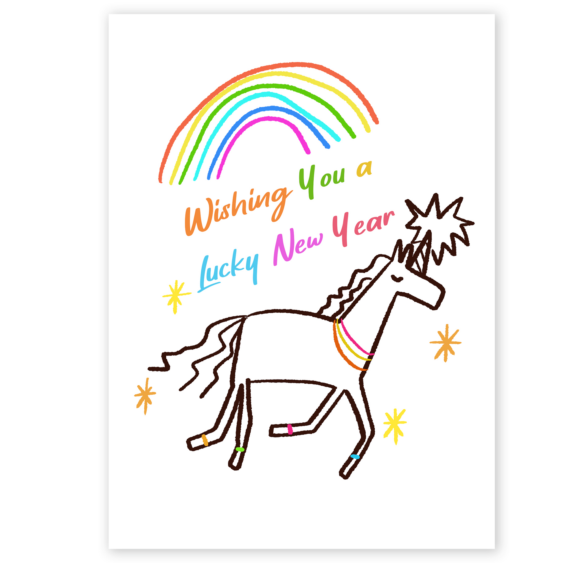 Cute New Year greeting card featuring a hand-drawn unicorn with a rainbow and colorful sparkles. The playful illustration and bright colors convey luck, joy, and positive wishes for the new year.