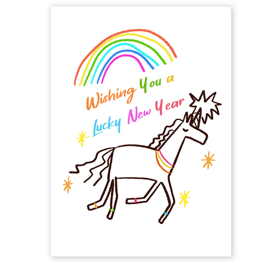 Cute New Year greeting card featuring a hand-drawn unicorn with a rainbow and colorful sparkles. The playful illustration and bright colors convey luck, joy, and positive wishes for the new year.