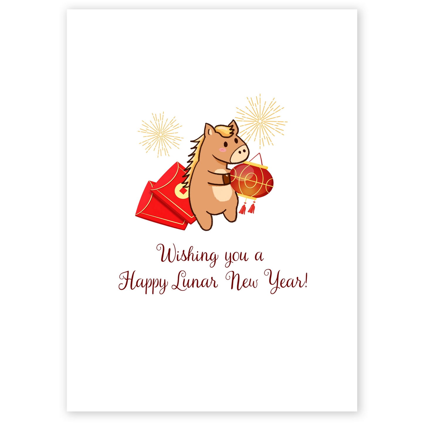 Cute Lunar New Year card showing a smiling horse holding a red lantern and lucky red envelopes. Fireworks in the background create a festive and joyful holiday atmosphere.