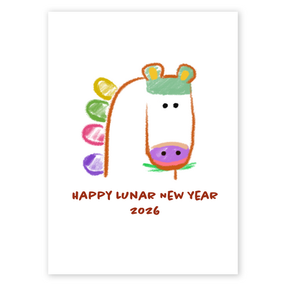 Cute hand-drawn unicorn illustration with pastel rainbow details and the text “Happy Lunar New Year 2026.” The soft crayon style creates a warm, playful, and friendly festive mood.