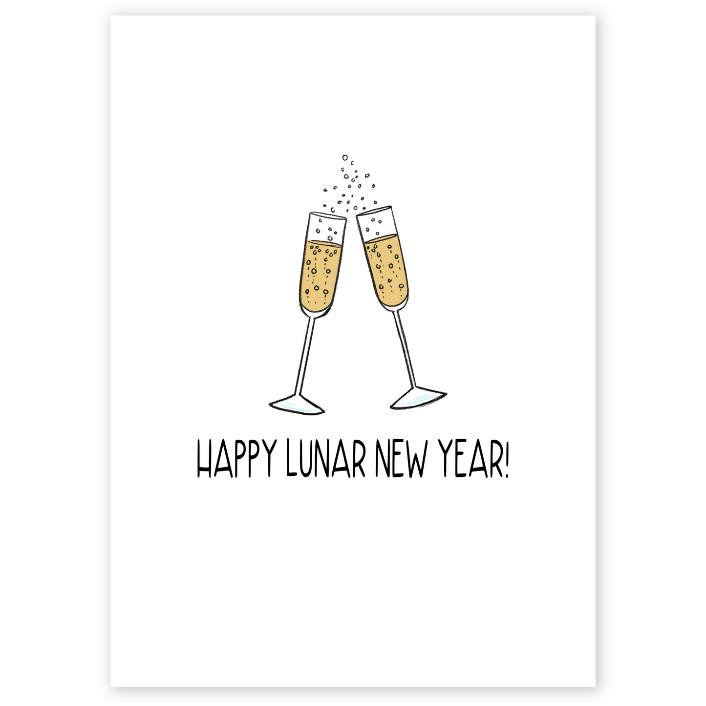 Minimalist Lunar New Year card featuring two champagne glasses clinking together with bubbly fizz. The clean illustration symbolizes celebration, good fortune, and fresh beginnings.