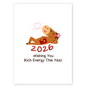 Lunar New Year card featuring a relaxed cartoon zodiac character lying down with a red lucky envelope and a soft smile. The playful illustration conveys wealth, confidence, and positive energy for 2026.