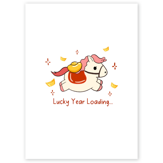 Cute Lunar New Year card featuring a cartoon horse running with gold ingots on its back. The playful illustration represents good luck and prosperity loading for the new year.