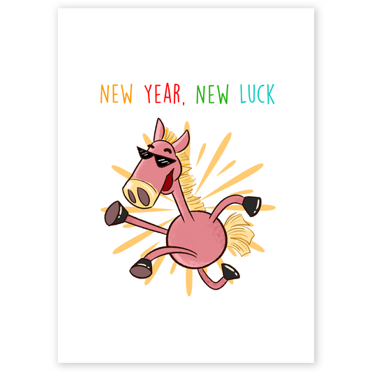Lunar New Year greeting card showing a joyful pink horse wearing sunglasses and leaping with excitement. Bright colors and playful motion create a fun and lucky New Year atmosphere.