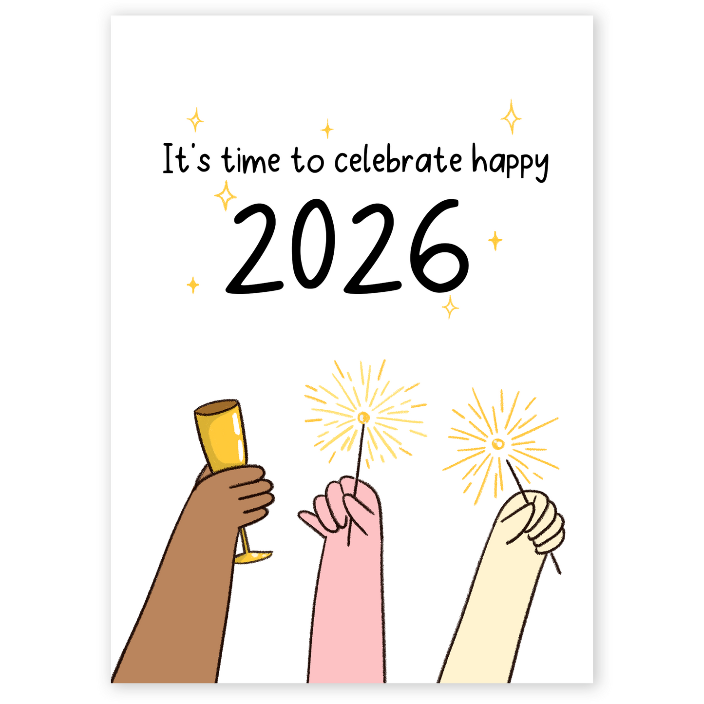 Lunar New Year greeting card showing raised hands holding sparklers and a champagne glass under the text Happy 2026. The illustration represents celebration, unity, and joyful new beginnings.
