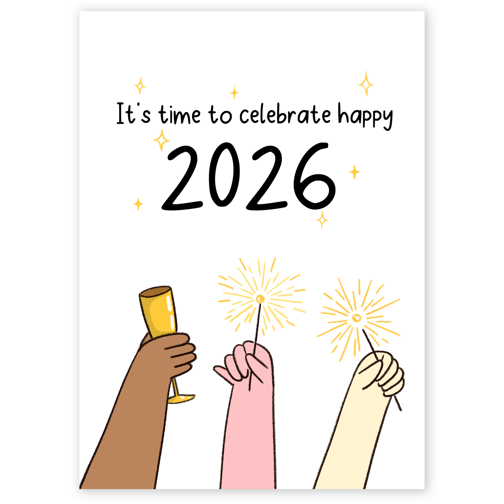 Lunar New Year greeting card showing raised hands holding sparklers and a champagne glass under the text Happy 2026. The illustration represents celebration, unity, and joyful new beginnings.