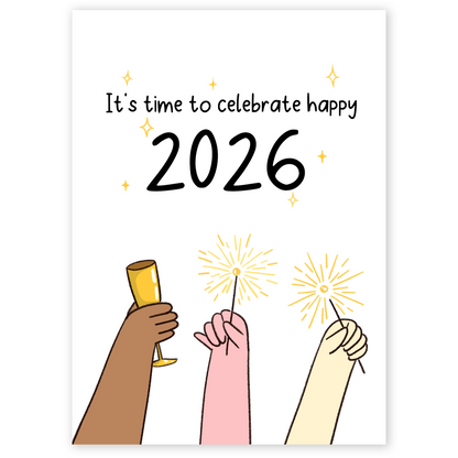 Lunar New Year greeting card showing raised hands holding sparklers and a champagne glass under the text Happy 2026. The illustration represents celebration, unity, and joyful new beginnings.