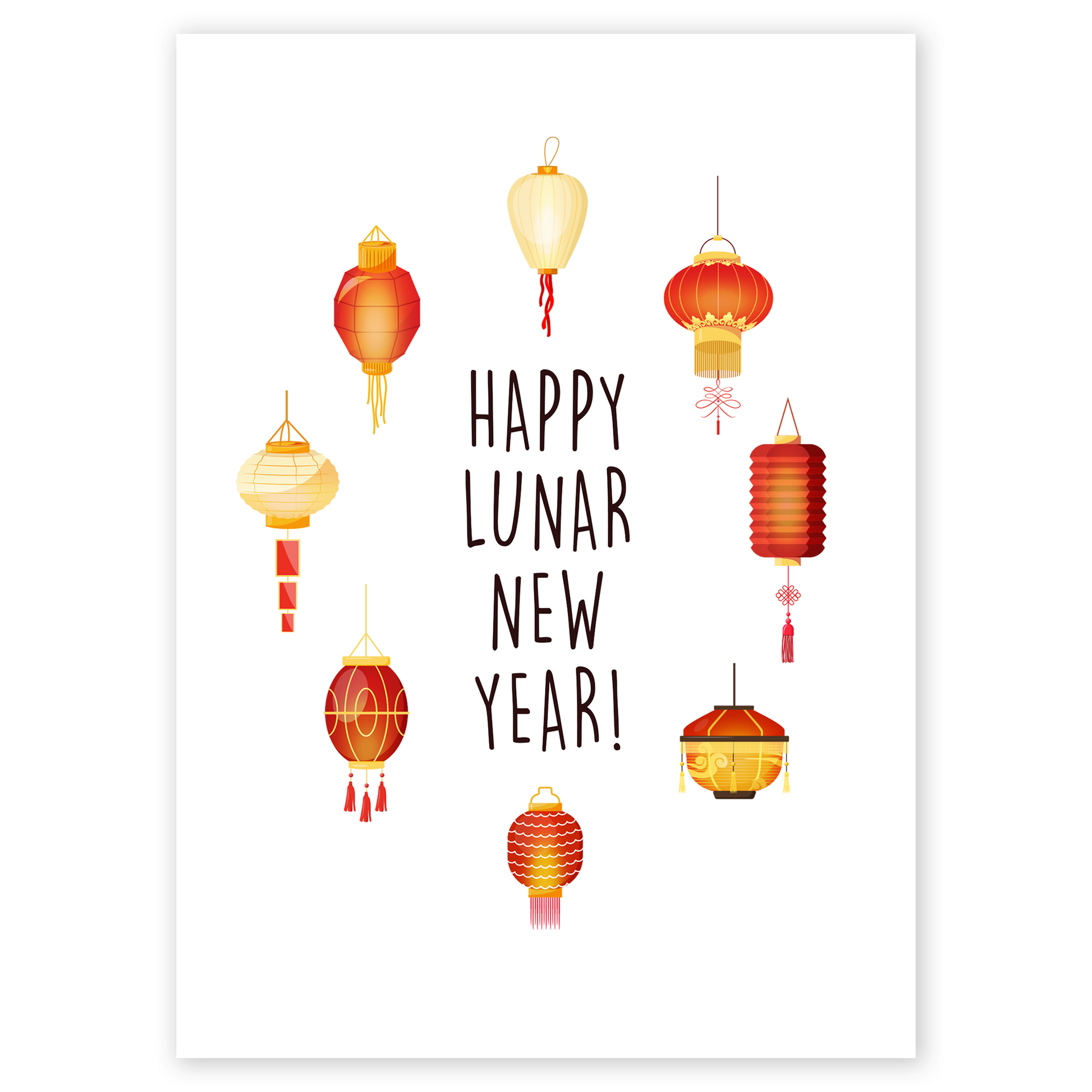 Lunar New Year greeting card featuring a variety of red and gold hanging lanterns on a white background. The clean layout creates a warm, festive, and elegant holiday atmosphere