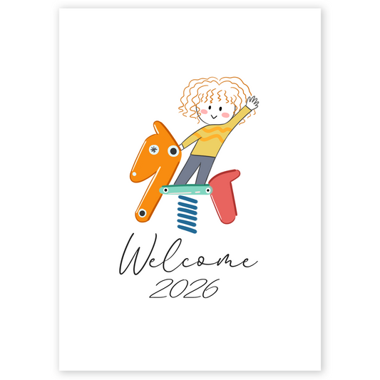 Playful New Year card showing a smiling child riding a spring horse shaped like the numbers 2026. The clean white background and bright colors create a joyful and welcoming start to the new year.