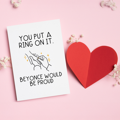 Put a Ring on It is a fun and celebratory card for engagements, proposals, or big relationship milestones.&nbsp;With a playful illustration and a pop-culture wink, this card is perfect for couples who love humor, music references, and a little sparkle. A lighthearted way to say yes, this is forever.